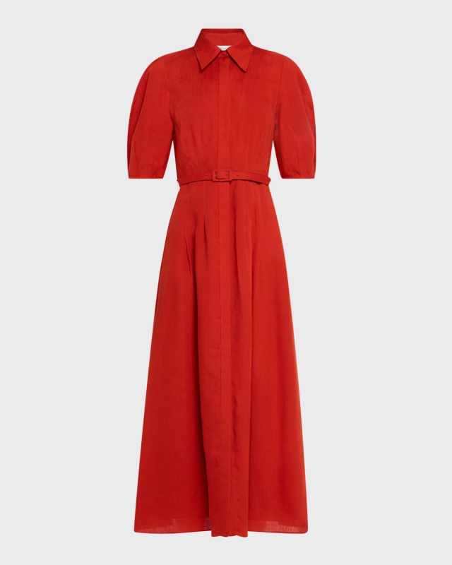 Maude Puff-Sleeve Belted Linen Midi Shirtdress